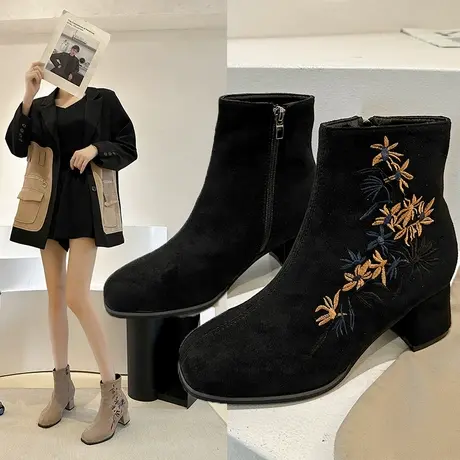 配裙子旗袍短靴女2023新款冬季粗跟绒面瘦瘦靴法式中跟高跟靴子女图片