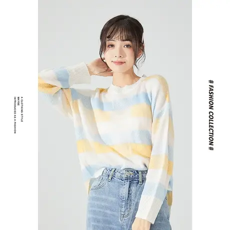 [商场同款]唐狮冬季毛衣女圆领彩色格子提花毛衫休闲舒适打底衫图片