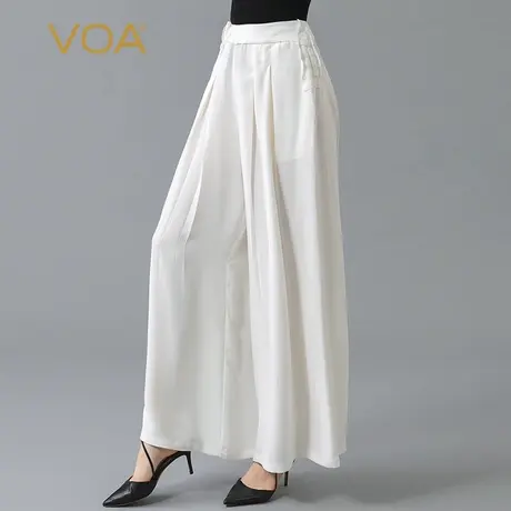 VOA真丝30姆米重磅牛奶白自然腰木耳边褶皱百搭桑蚕丝阔腿长裤商品大图