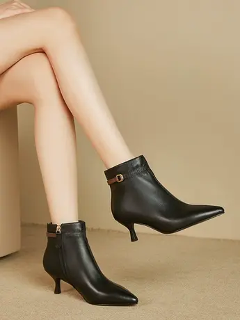真皮细跟短靴女新款秋季复古尖头细跟时尚百搭简约显瘦靴子商品大图