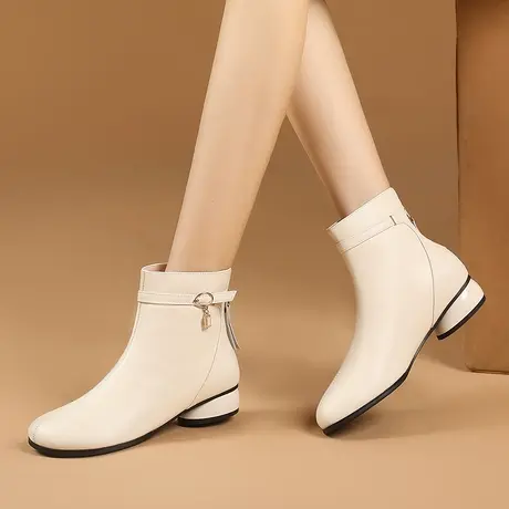 头层牛皮短靴2023年秋冬季新款低跟真皮女靴百搭米白色粗跟靴子女商品大图