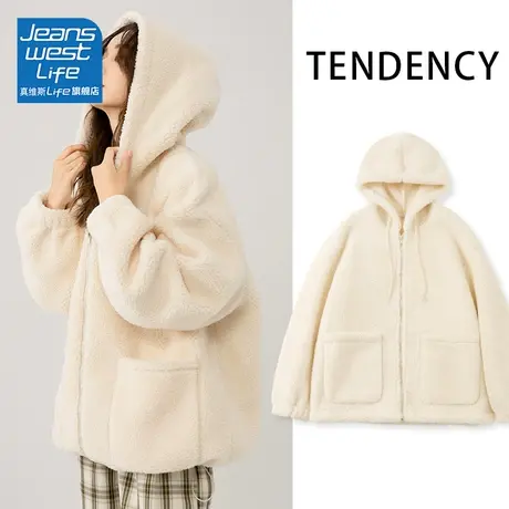 真维斯LIFE2023新款加绒颗粒绒外套女秋冬季通勤穿搭保暖连帽开衫商品大图