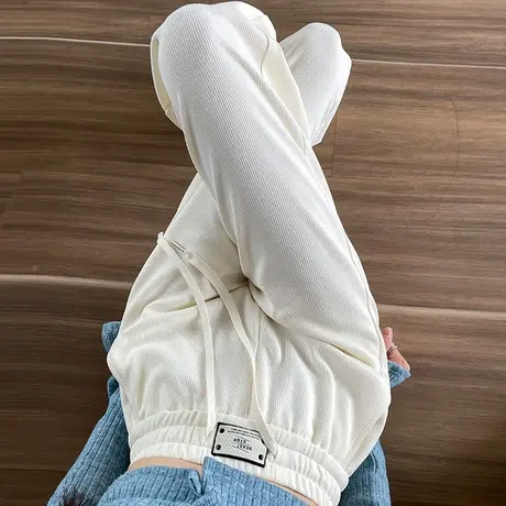 白色窄版阔腿裤女2024春秋新款高腰显瘦垂感宽松休闲针织拖地裤子图片