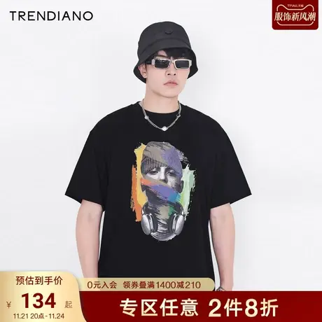 TRENDIANO官方潮牌男装上衣时尚潮流印花情侣短袖宽松纯棉圆领T恤商品大图