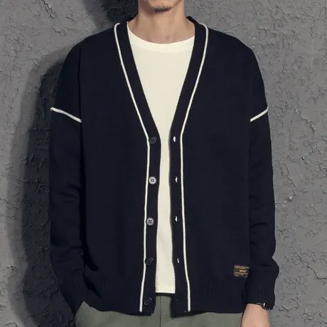 奕飏线条感V领针织开衫男士春秋款 文艺青年拼色毛衣外套日系简约图片