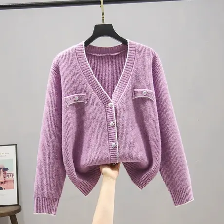 开衫女2023春装新款V领针织衫女士上衣百搭纯色小香风外套毛衣女商品大图