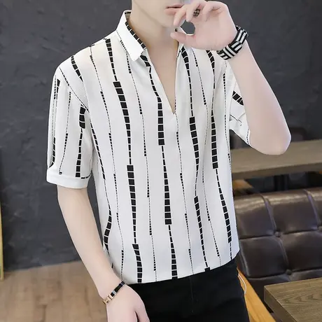 夏天潮牌男士薄款短袖t恤社会青年V字领个性BF风上衣夜场韩版男装商品大图