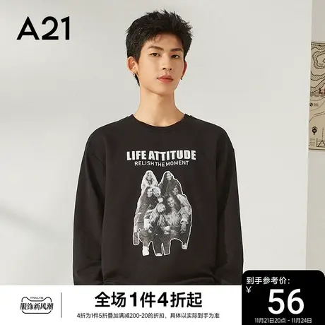 A21男装宽松圆领情侣长袖卫衣2023秋季新款男士潮牌上衣黑色帽衫商品大图