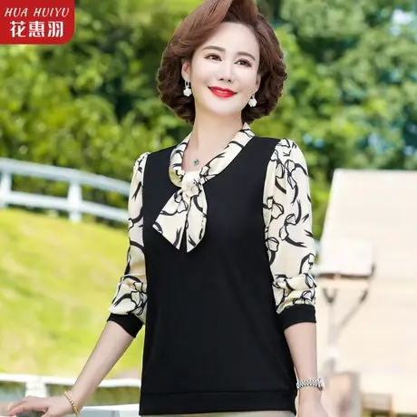 妈妈秋装时尚薄款衬衫上衣中老年女春秋洋气长袖T恤翻领小衫套装商品大图