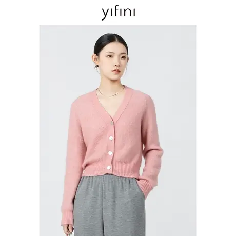 Yifini/易菲短款气质V领马海毛针织衫女春秋新款百搭开衫外套商品大图