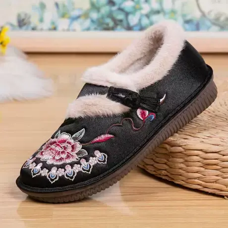 老北京布鞋女加绒冬季保暖防滑软底中老年妈妈鞋民族风绣花棉鞋商品大图