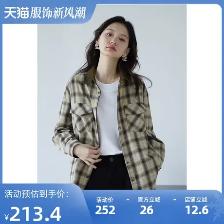 嘉茱莉2023新款1OO棉复古格子衬衫女中长款宽松上衣外套设计感商品大图