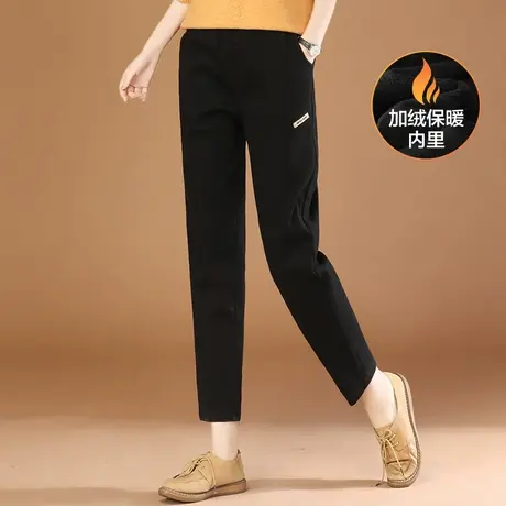 韩潮袭人松紧腰黑色加绒加厚休闲裤女冬新款宽松显瘦保暖哈伦长裤图片