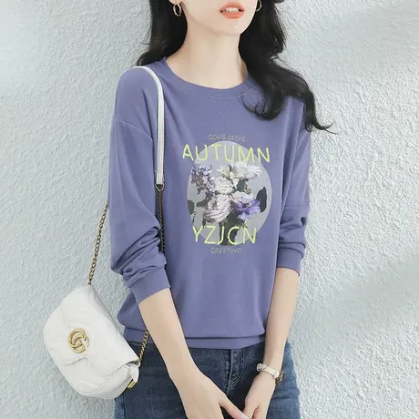韩潮袭人文艺圆领长袖印花女士卫衣2024年新款春装休闲百搭上衣薄图片