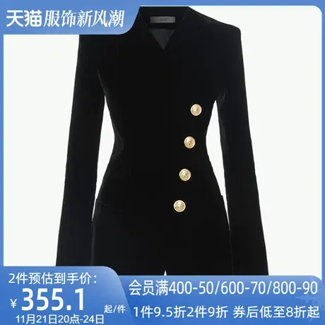 2024春秋新款设计感小众女装收腰西服黑色丝绒小西装外套女中长款商品大图