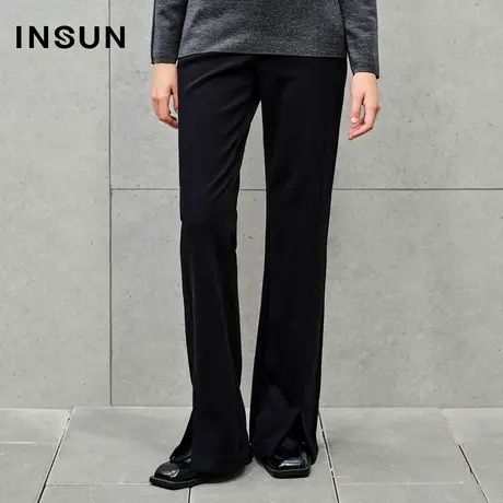 INSUN恩裳线上专选秋季弹力羊毛混纺开叉微喇裤图片