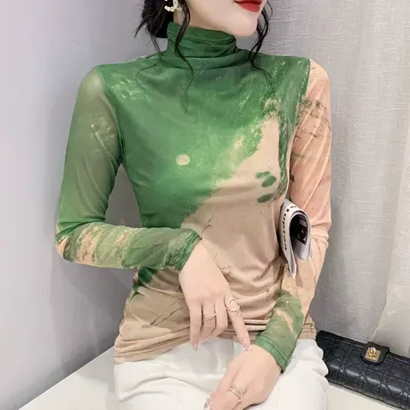 高领网纱打底衫女内搭漂亮扎染T恤设计感小众气质上衣修身长袖ins商品大图