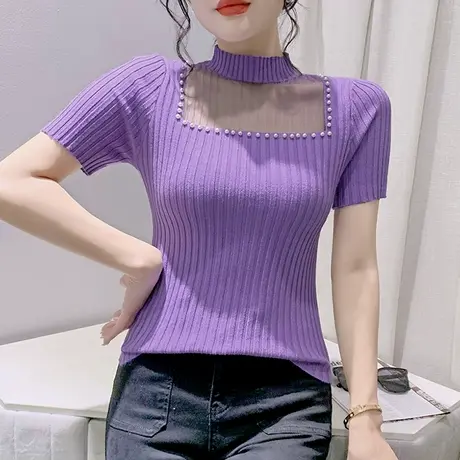 性感镂空针织短袖女夏季时尚网纱拼接T恤设计感钉珠上衣紧身小衫商品大图