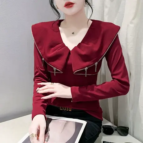 气质减龄拉链拼接T恤女长袖性感翻领拼接上衣个性百搭修身打底衫商品大图