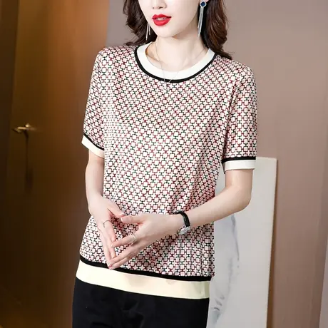 真丝印花T恤2023新款桑蚕丝小衫女法式打底衫大码宽松短袖上衣夏图片