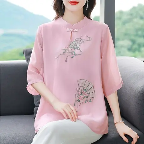 中袖雪纺衫女2023新款短袖夏季中国风民族风绣花妈妈宽松遮肚子图片