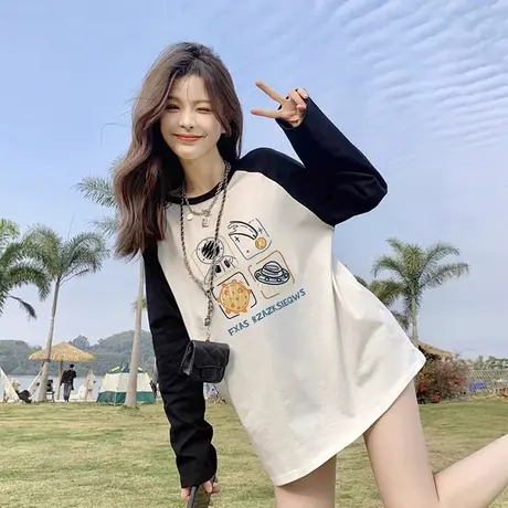 插肩拼接长袖t恤女中长款宽松秋冬2023年新款欧货白色打底衫上衣图片