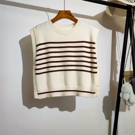 条纹针织马甲女春秋新款圆领叠穿设计感小众无袖坎肩毛衣背心外穿图片