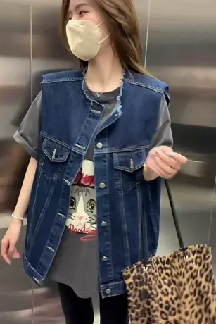 2023秋季新款韩版宽松无袖圆领毛边水洗牛仔马甲背心坎肩外套女潮商品大图