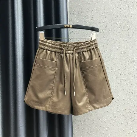 个性休闲皮裤阔腿裤2023秋季新款咖啡色松紧腰宽松显瘦短裤女靴裤图片