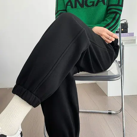 黑色加绒运动裤女2024年新款秋冬季小个子休闲宽松阔腿束脚哈伦裤图片