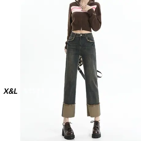 水泥灰加绒直筒牛仔裤女秋冬2023新款拼接设计感卷边修身烟管裤子商品大图