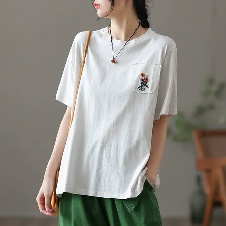 dza 复古薄款开叉上衣女士短袖夏季休闲圆领t恤宽松纯棉打底上衣商品大图