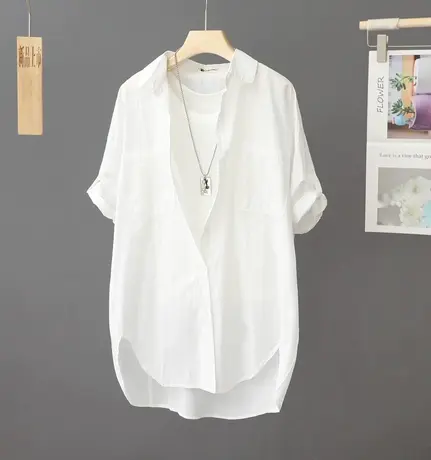 2024夏季新款短袖纯棉白色衬衫女中长款宽松休闲衬衣薄款上衣寸衫商品大图