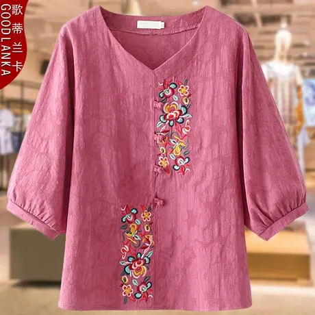 中老年妈妈夏装纯棉上衣2023新款大码时尚绣花盘扣宽松短袖T恤女商品大图