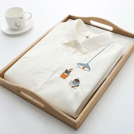 2021夏季新款文艺小清新吊灯刺绣纯棉白色衬衫短袖女生打底衬衣图片