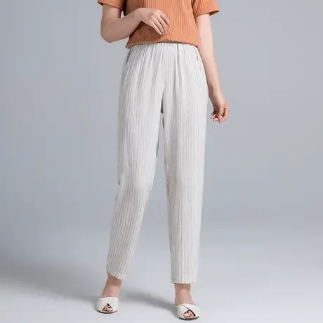 棉麻裤女加肥加大码女裤宽松高腰显瘦休闲裤竖条纹亚麻九分哈伦裤商品大图