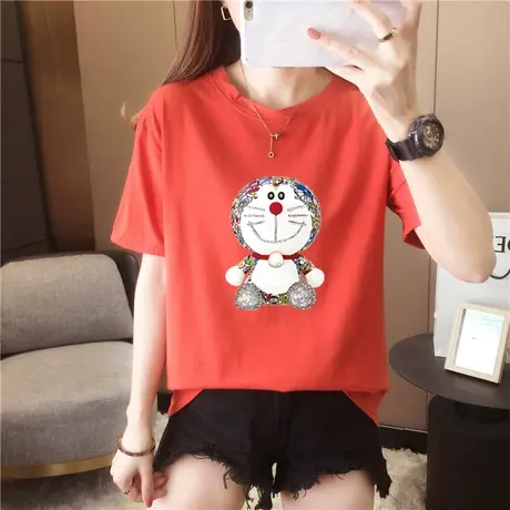 胖mm2024夏新款特肥加大码短袖t恤女宽松哆啦A梦亮片遮肚半袖上衣商品大图