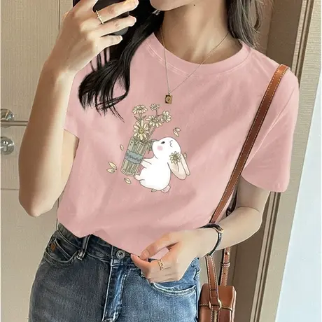 2023新款兔子印花纯棉短袖圆领t恤女夏季宽松减龄粉色打底衫上衣图片