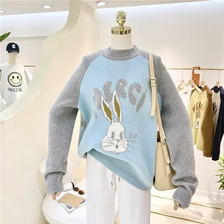 半高领加厚保暖卡通兔子拼接撞色针织衫韩版插肩袖套头毛衣女内搭图片