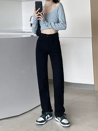 清仓捡漏外贸高街ins高腰直筒牛仔裤春夏新款阔腿牛仔拖地裤图片