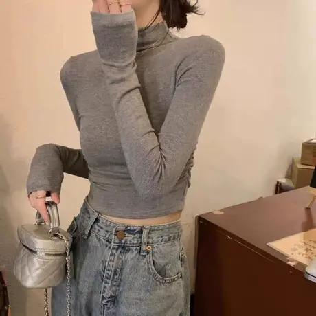 甜辣妹短款露脐长袖T恤女秋冬洋气修身韩版内搭德绒打底衫上衣服商品大图