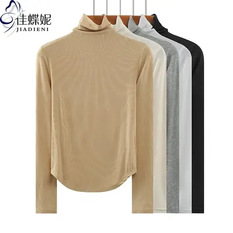 春秋韩版高领下摆圆弧修身纯棉螺纹长袖体恤上衣内搭女打底衫红色商品大图