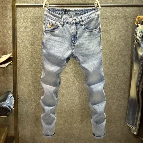 浅蓝色高端软糯牛仔裤男修身小直筒裤子春季潮牌时尚磨白休闲长裤商品大图