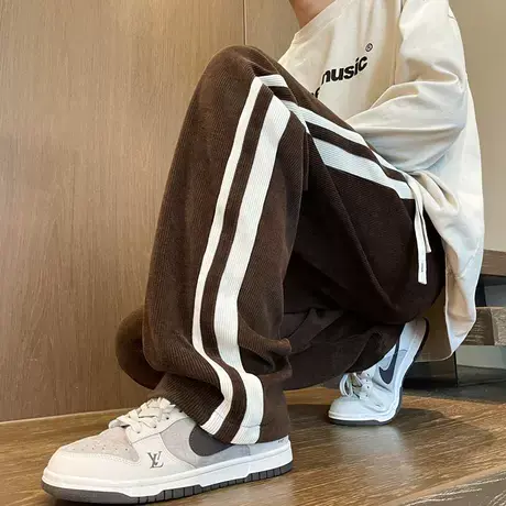 裤子男秋季宽松直筒休闲裤九分运动裤灯芯绒条纹卫裤冬季男士长裤商品大图