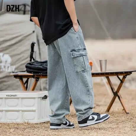 男士浅色阔腿牛仔裤男直筒宽松休闲裤子休闲百搭设计感高级工装裤商品大图