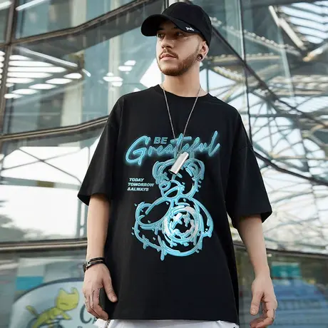 oversize欧美潮牌胖子男装大码国潮中袖宽松小熊短袖T恤潮流半袖商品大图