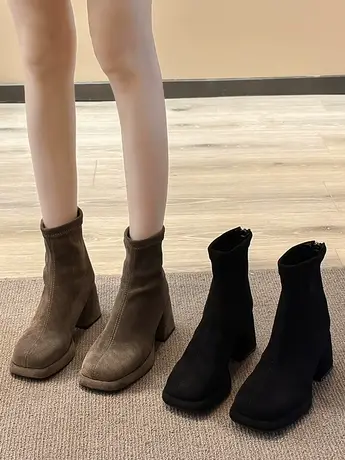 方头绒面短靴子2023年春秋新款弹力瘦瘦靴粗跟单靴中跟马丁靴女靴图片