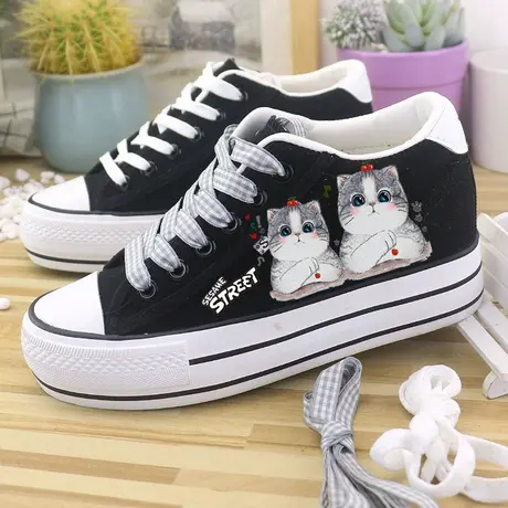 森女士低帮帆布鞋厚底内增高女鞋夏秋学生系带韩版休闲鞋单鞋纯色图片