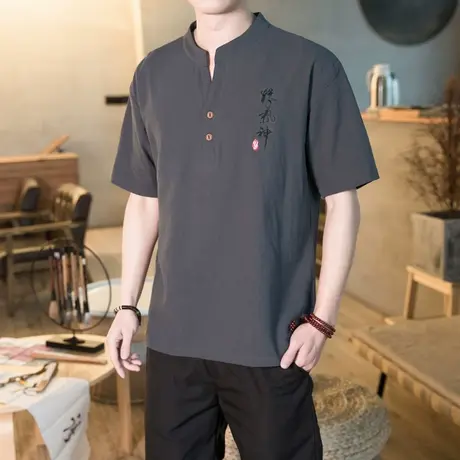 棉麻T恤男短袖亚麻上衣服复古中国风男装夏季棉麻大码宽松唐装潮图片