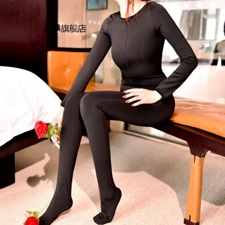 加厚加绒开档连身袜女秋冬款高弹保暖情趣开裆九分全身连体打底衣商品大图